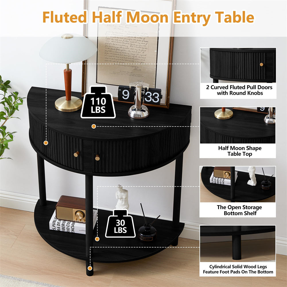 Black Modern Small Fluted Half Moon Entryway Console Table with Storage and Solid Wood Legs