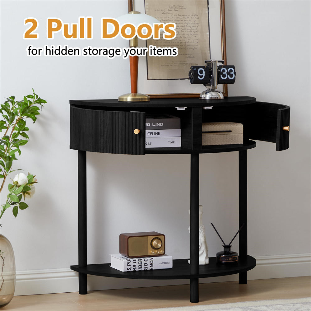 Black Modern Small Fluted Half Moon Entryway Console Table with Storage and Solid Wood Legs