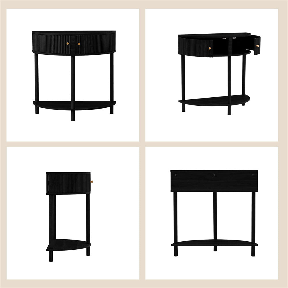Black Modern Small Fluted Half Moon Entryway Console Table with Storage and Solid Wood Legs