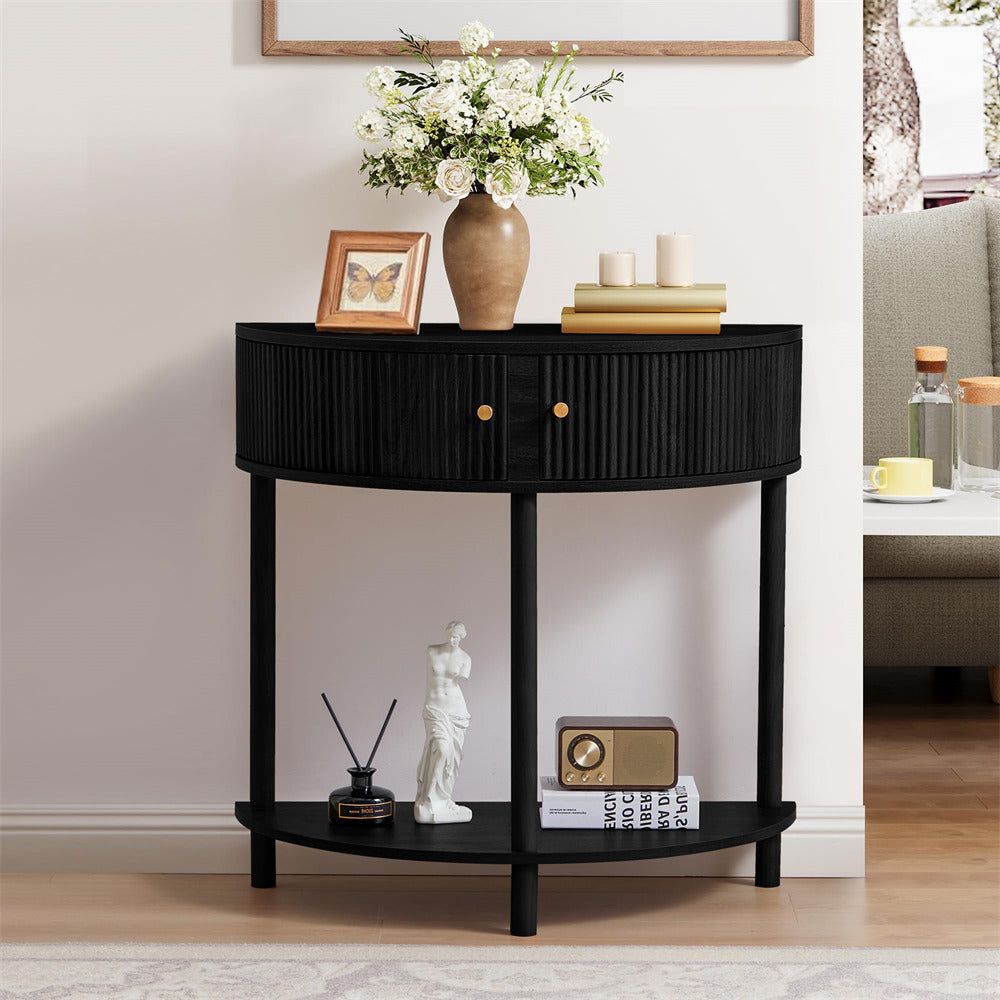 Black Modern Small Fluted Half Moon Entryway Console Table with Storage and Solid Wood Legs