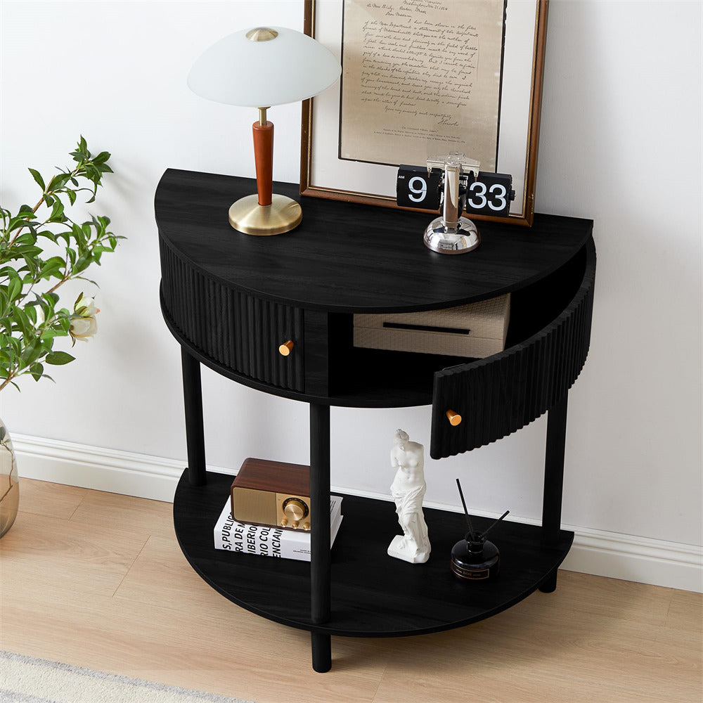 Black Modern Small Fluted Half Moon Entryway Console Table with Storage and Solid Wood Legs