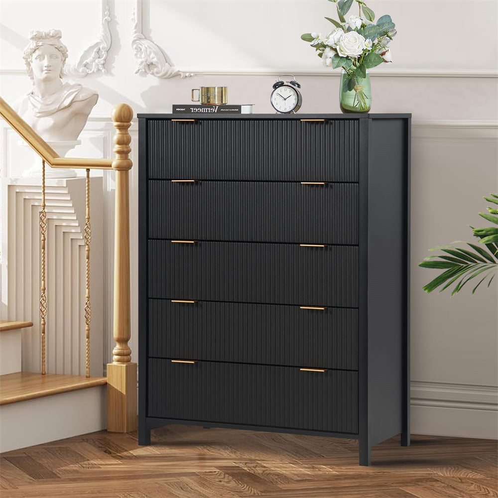 Black Modern Wood 5 Drawer Dressers with Waveform Fluted Panel