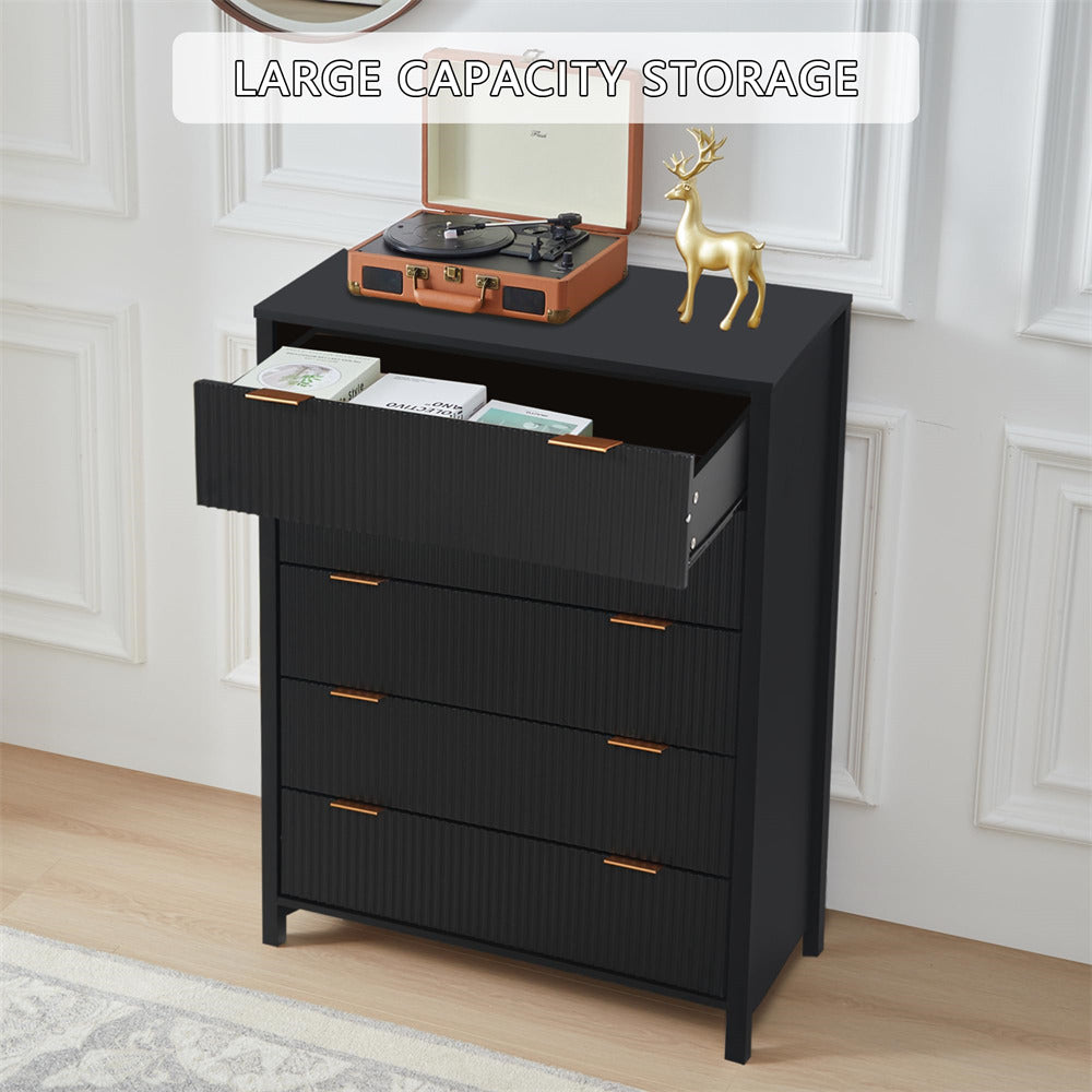 Black Modern Wood 5 Drawer Dressers with Waveform Fluted Panel