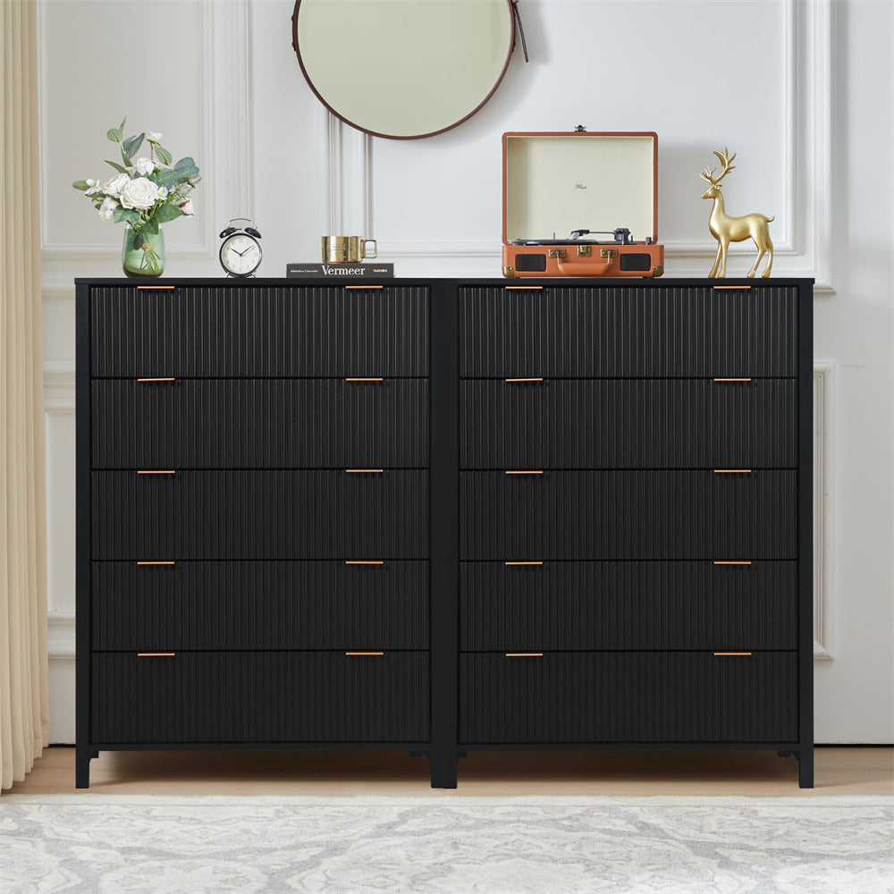 Black Modern Wood 5 Drawer Dressers with Waveform Fluted Panel
