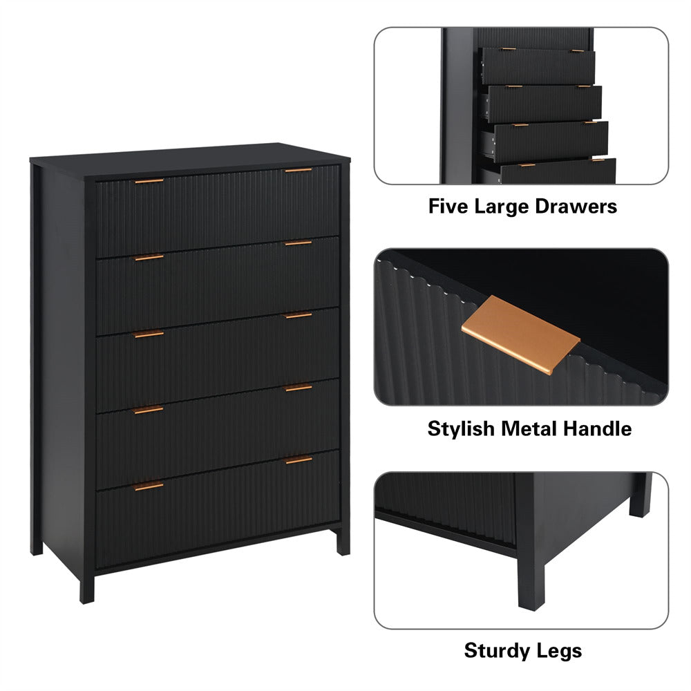 Black Modern Wood 5 Drawer Dressers with Waveform Fluted Panel