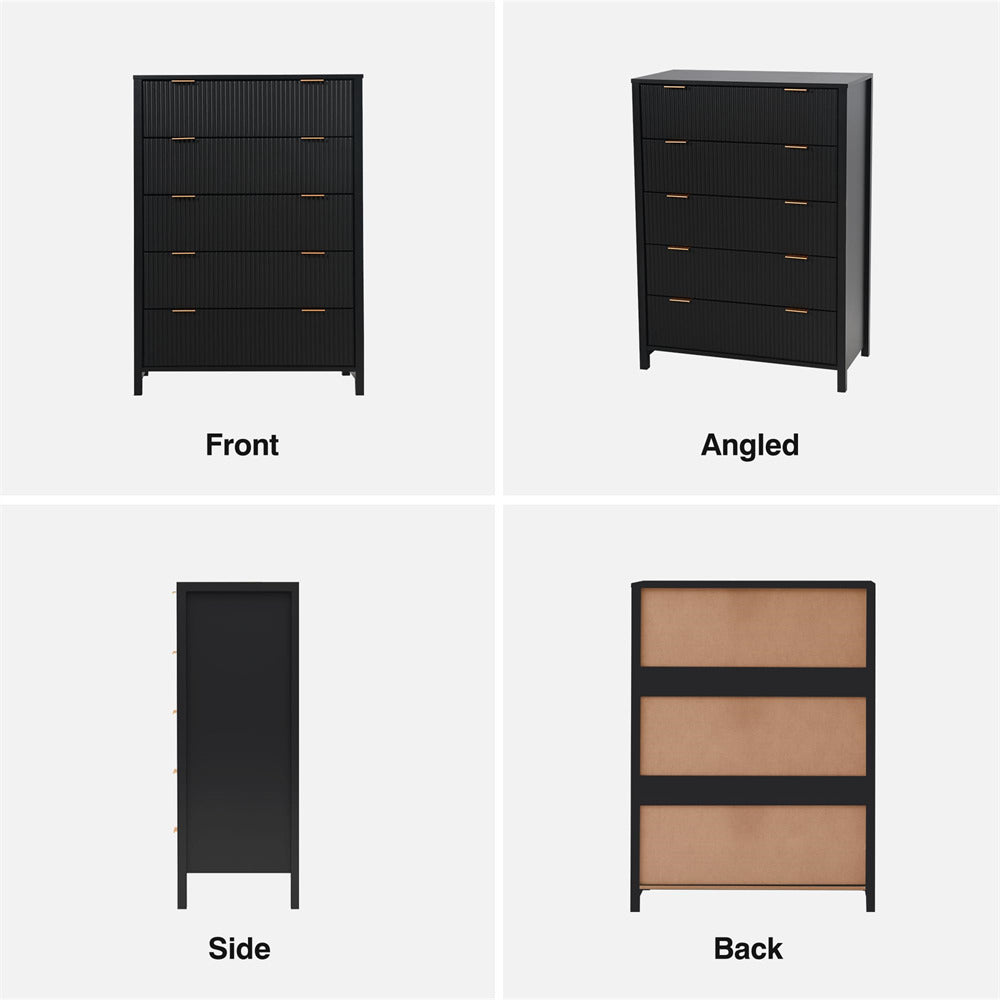 Black Modern Wood 5 Drawer Dressers with Waveform Fluted Panel