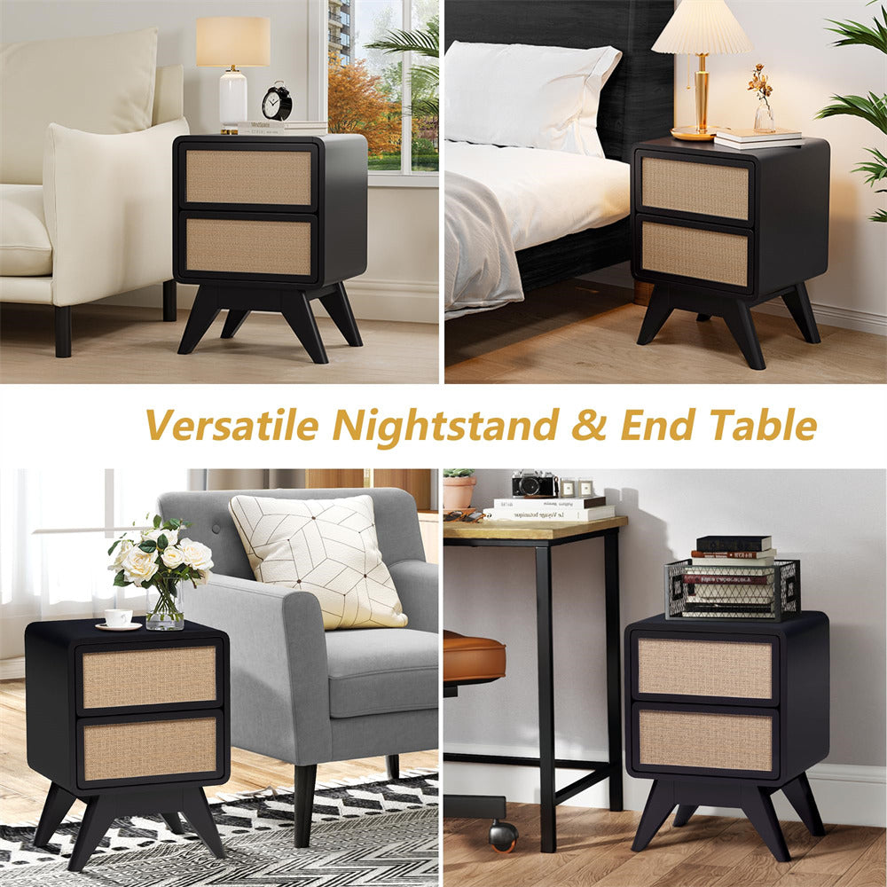 Black Modern Wood Boho Nightstand Rustic End Table with Linen and Solid Wood Legs