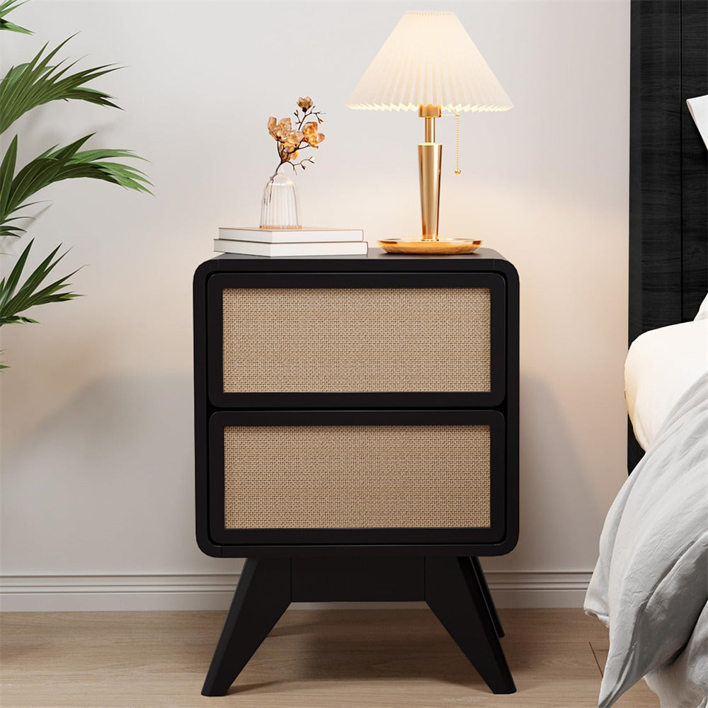 Black Modern Wood Boho Nightstand Rustic End Table with Linen and Solid Wood Legs