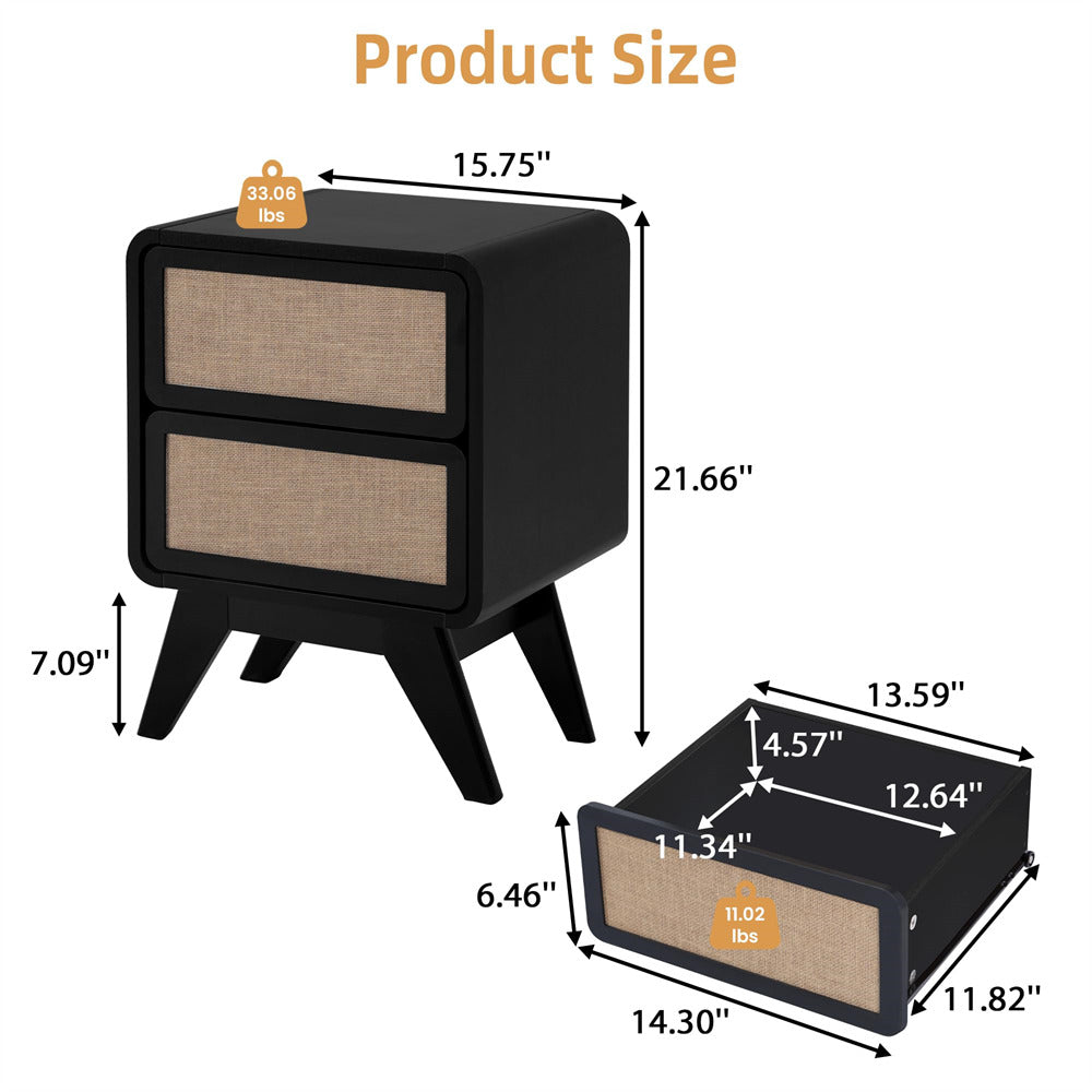 Black Modern Wood Boho Nightstand Rustic End Table with Linen and Solid Wood Legs