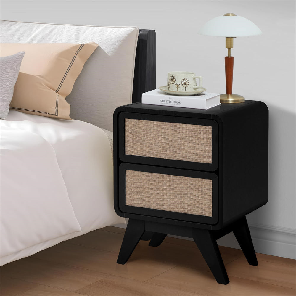Black Modern Wood Boho Nightstand Rustic End Table with Linen and Solid Wood Legs