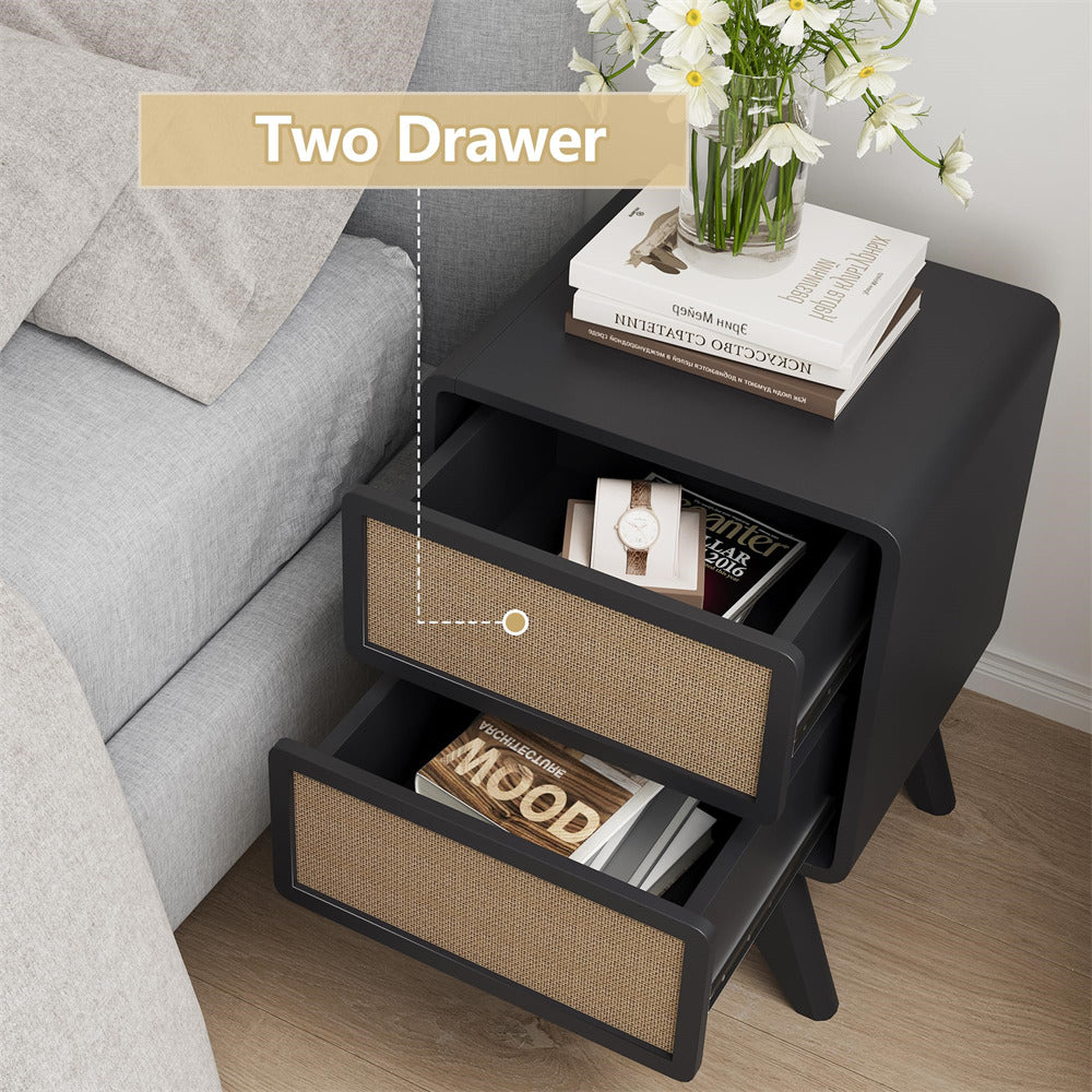 Black Modern Wood Boho Nightstand Rustic End Table with Linen and Solid Wood Legs