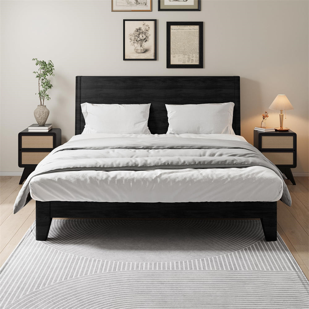 Black Modern Wood Boho Nightstand Rustic End Table with Linen and Solid Wood Legs