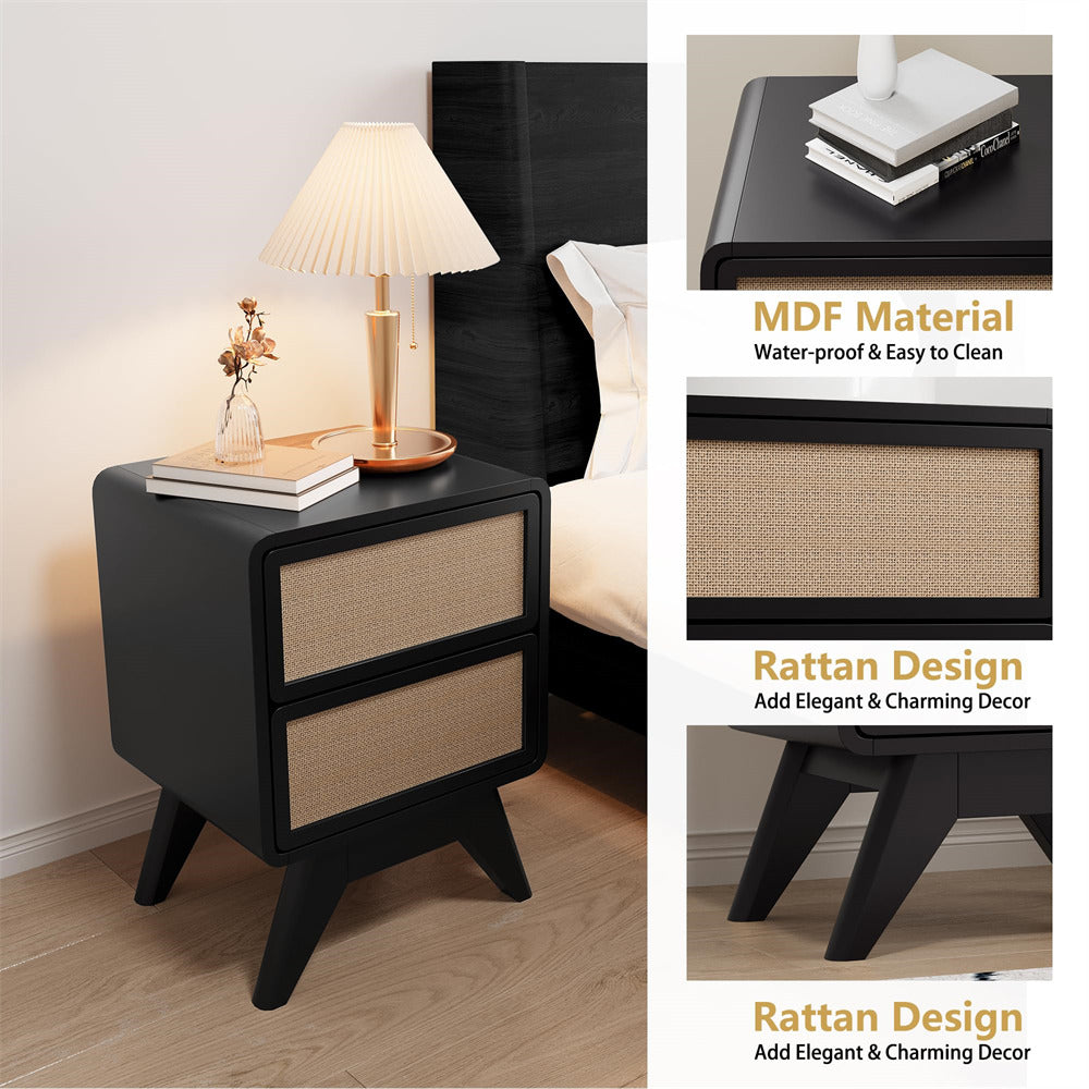 Black Modern Wood Boho Nightstand Rustic End Table with Linen and Solid Wood Legs