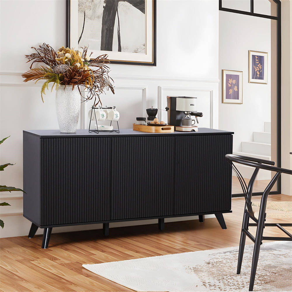 Black Modern Wood Fluted Storage Cabinet Sideboard Buffet with 3 Doors