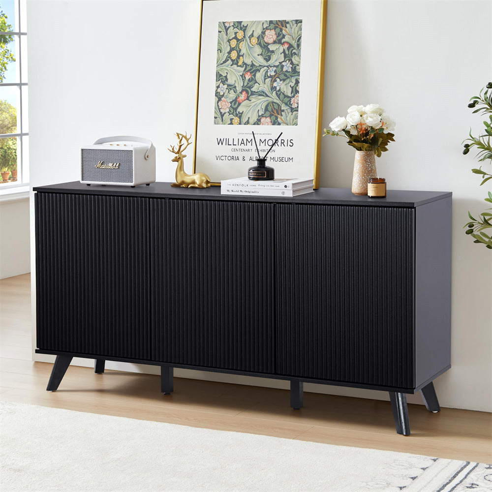 Black Modern Wood Fluted Storage Cabinet Sideboard Buffet with 3 Doors