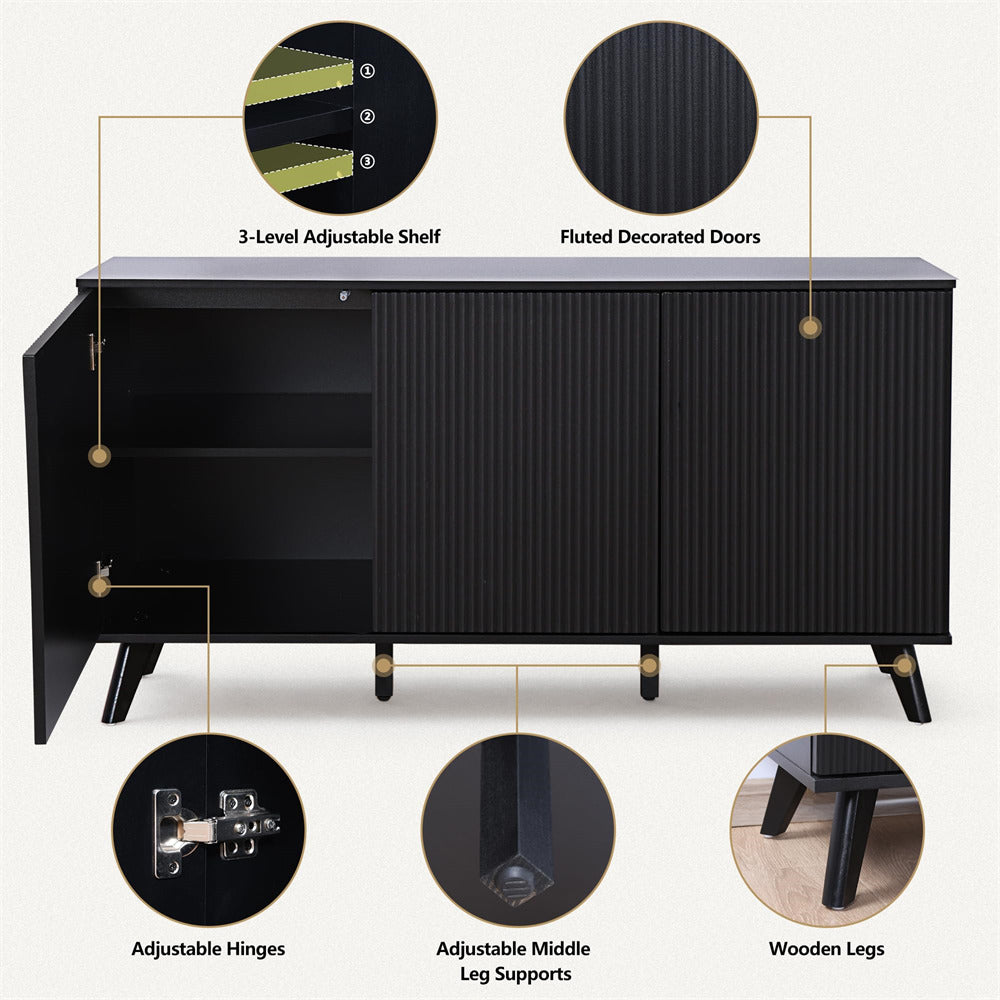 Black Modern Wood Fluted Storage Cabinet Sideboard Buffet with 3 Doors