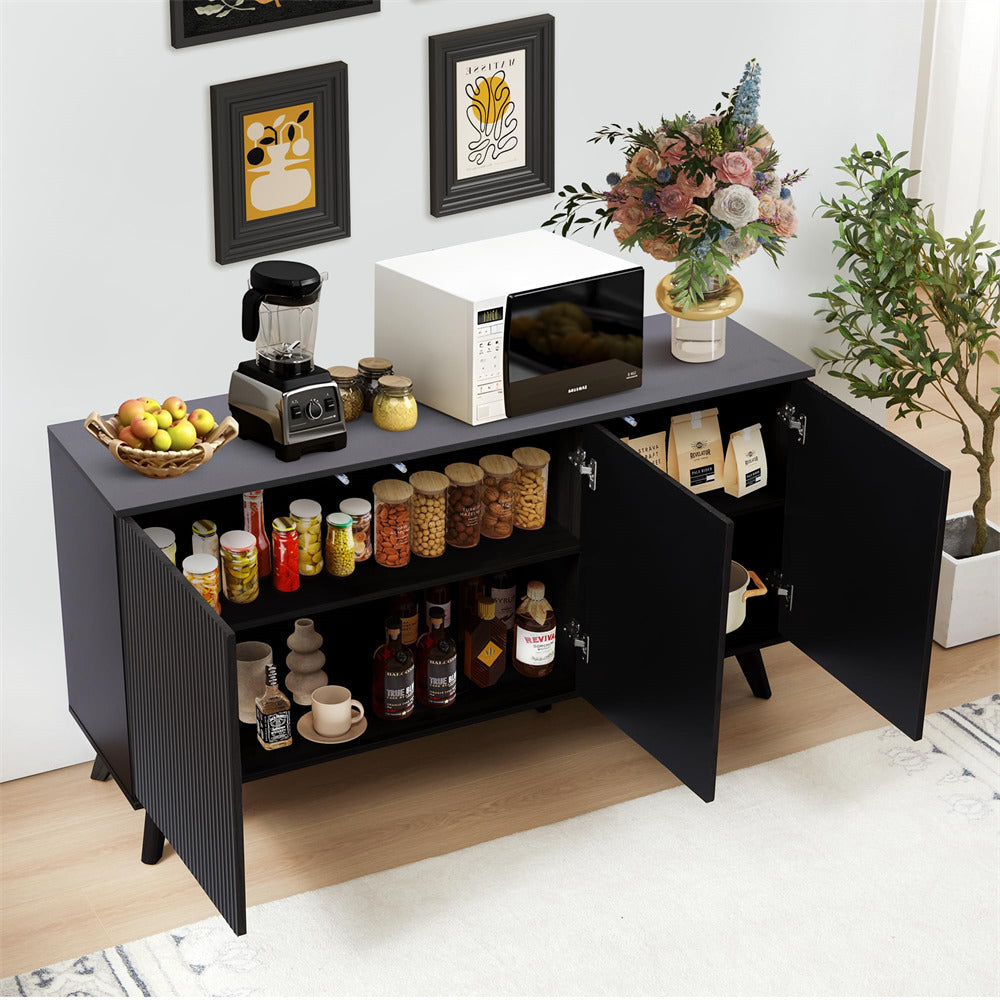 Black Modern Wood Fluted Storage Cabinet Sideboard Buffet with 3 Doors