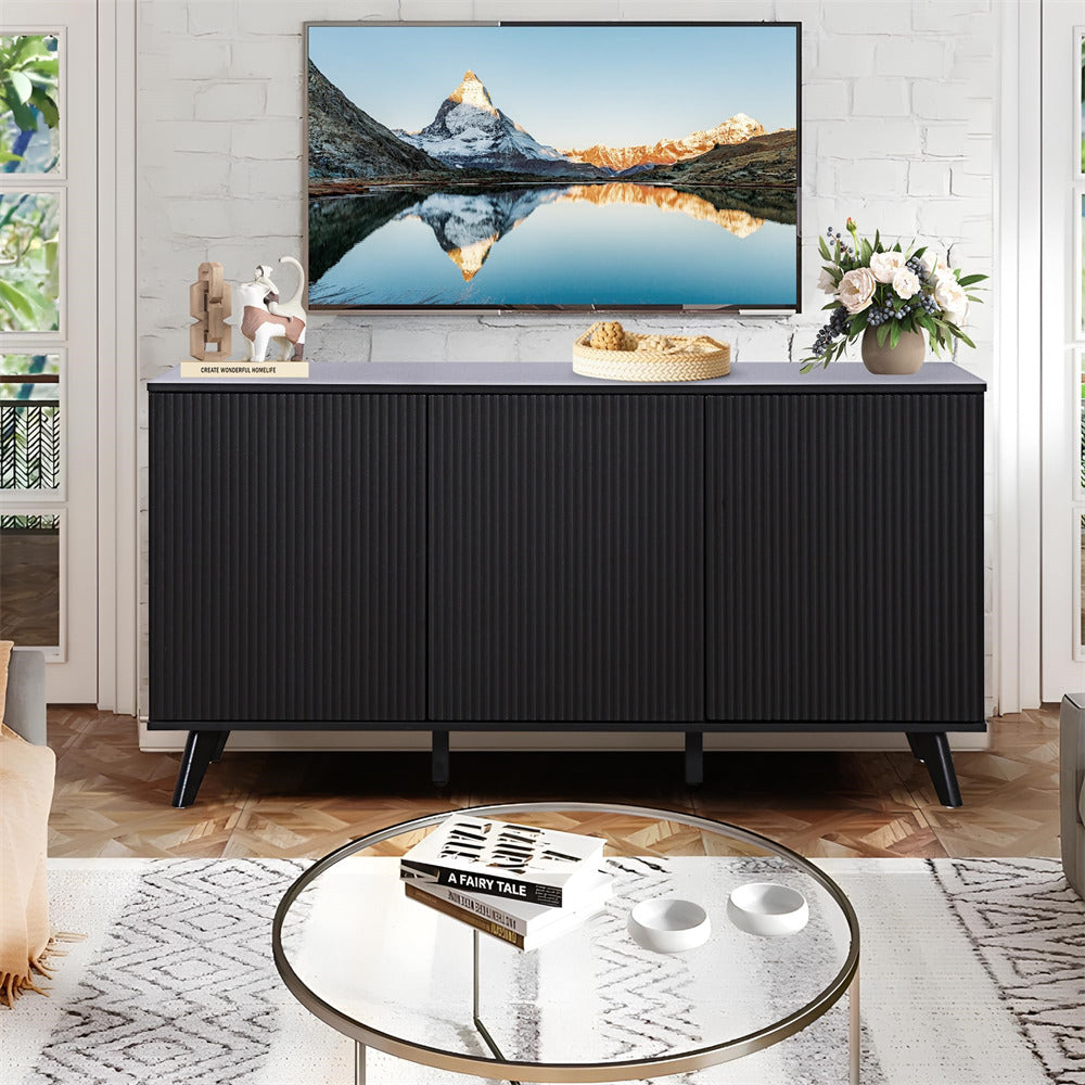 Black Modern Wood Fluted Storage Cabinet Sideboard Buffet with 3 Doors
