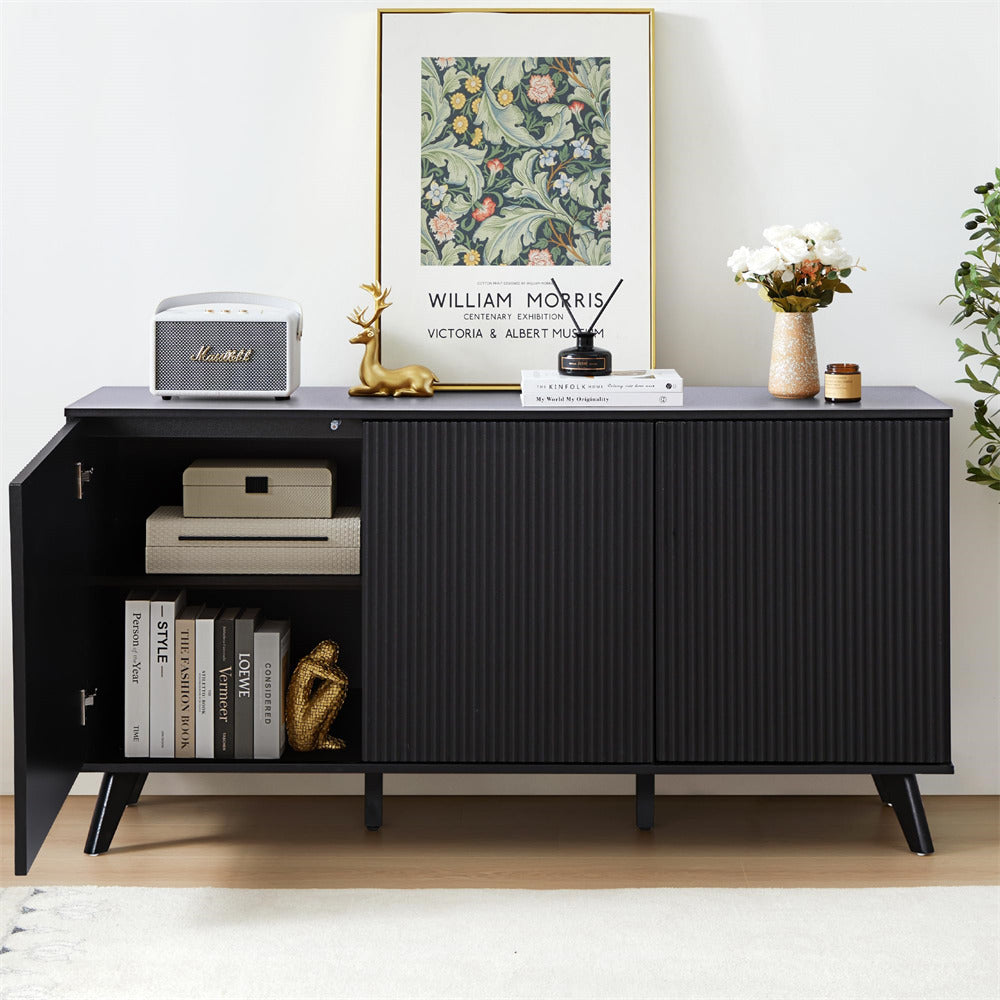 Black Modern Wood Fluted Storage Cabinet Sideboard Buffet with 3 Doors