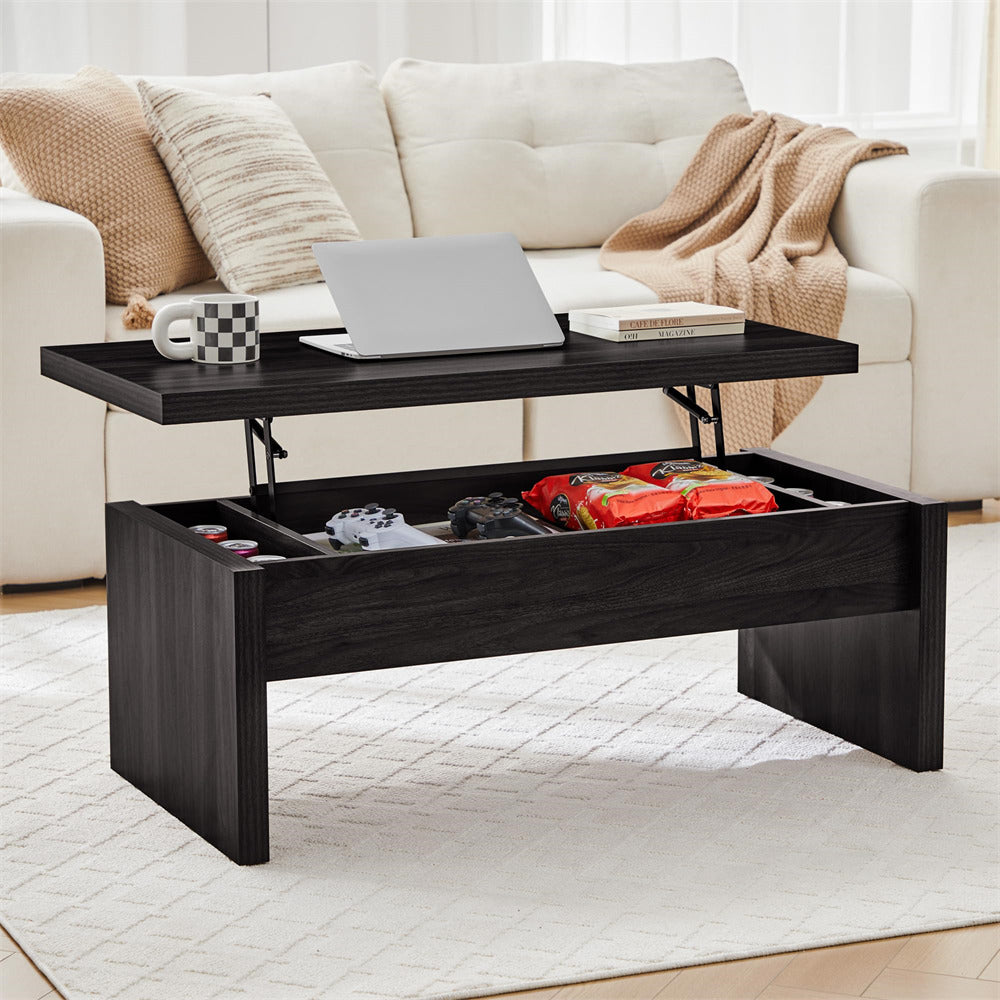Black coffee table with lift-top feature in a living room setting