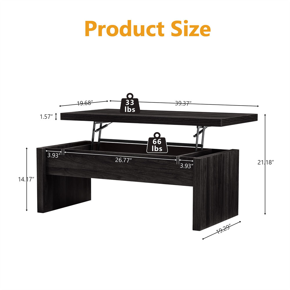 Black coffee table with dimensions and weight indicators on a white background