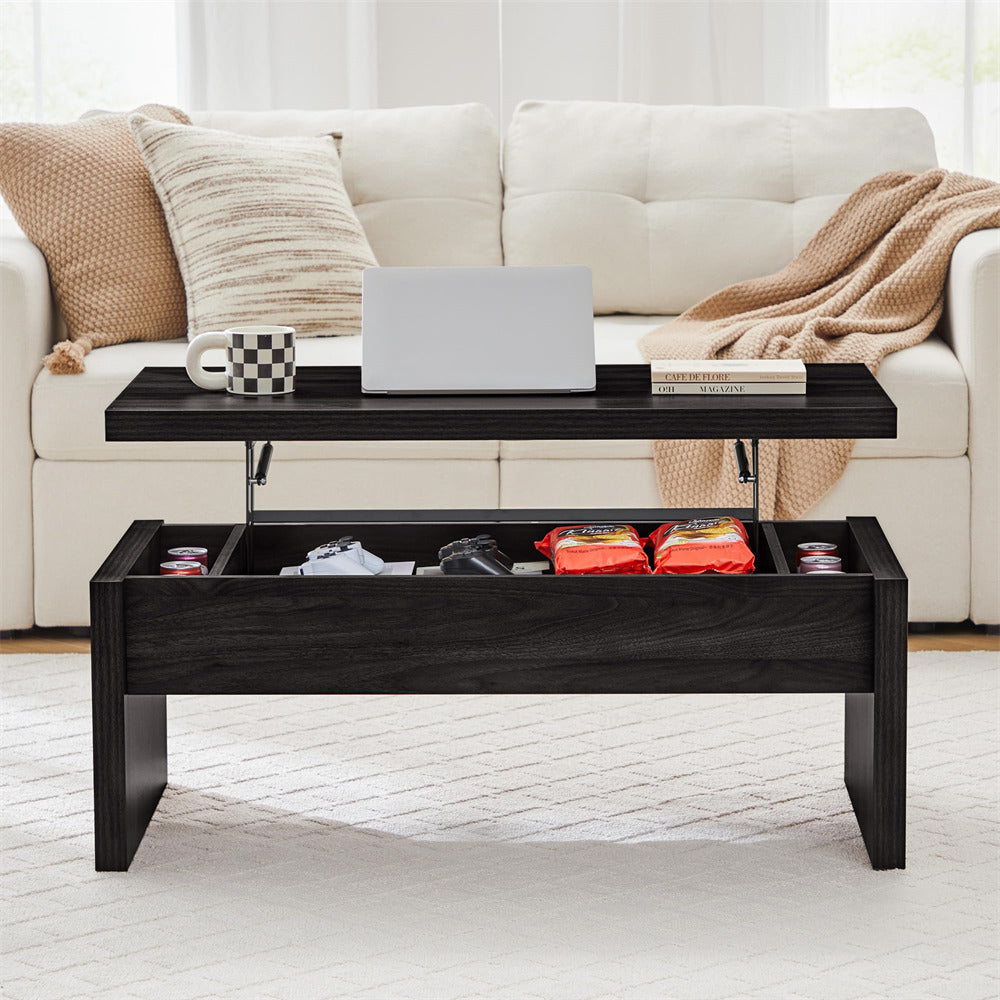 Black coffee table with lift-top feature in a living room setting