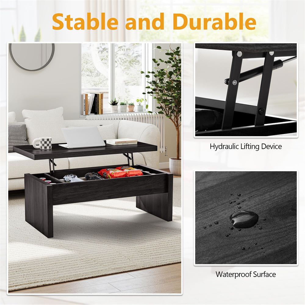 Coffee table with hydraulic lifting device in a living room setting, highlighting stability and durability.