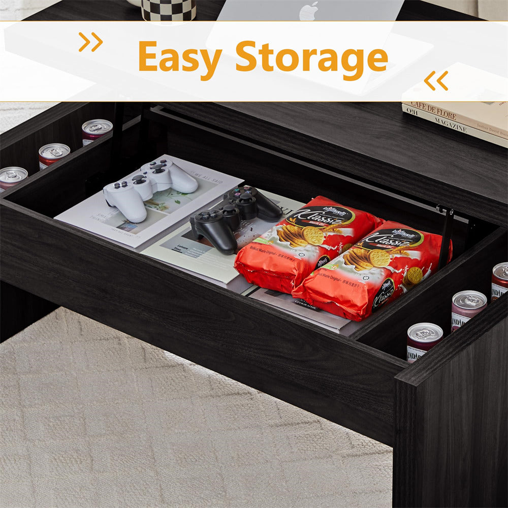 Coffee table with an open drawer containing snacks and gaming accessories, labeled 'Easy Storage'.