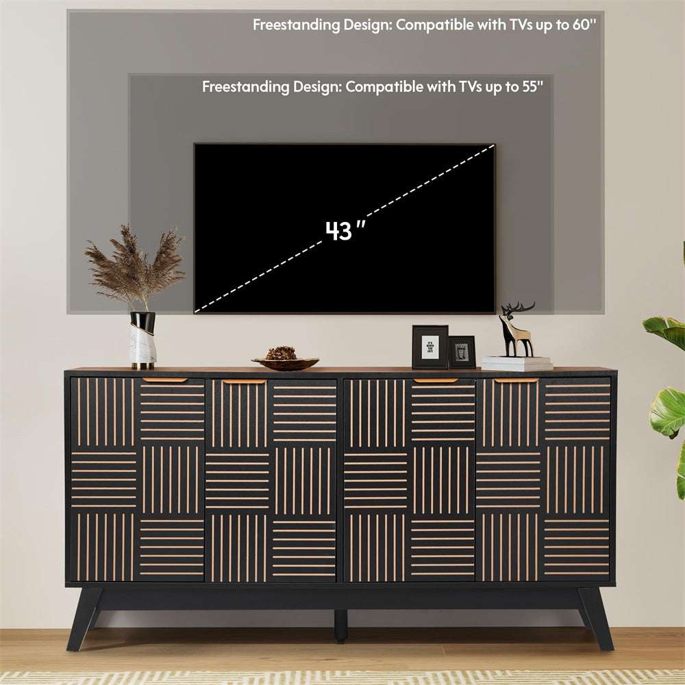 Decorative TV stand with geometric pattern in a room setting.