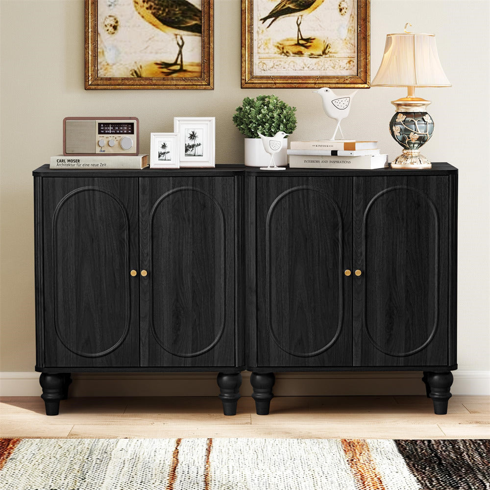 Black Modern Wooden Fluted Storage Cabinet Sideboard Buffet with Adjustable Shelves and Solid Wood Legs
