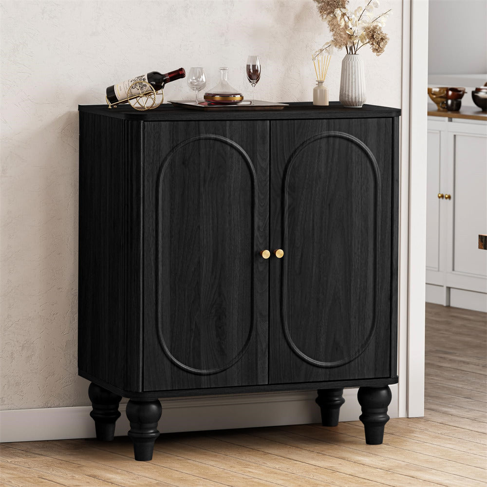 Black Modern Wooden Fluted Storage Cabinet Sideboard Buffet with Adjustable Shelves and Solid Wood Legs