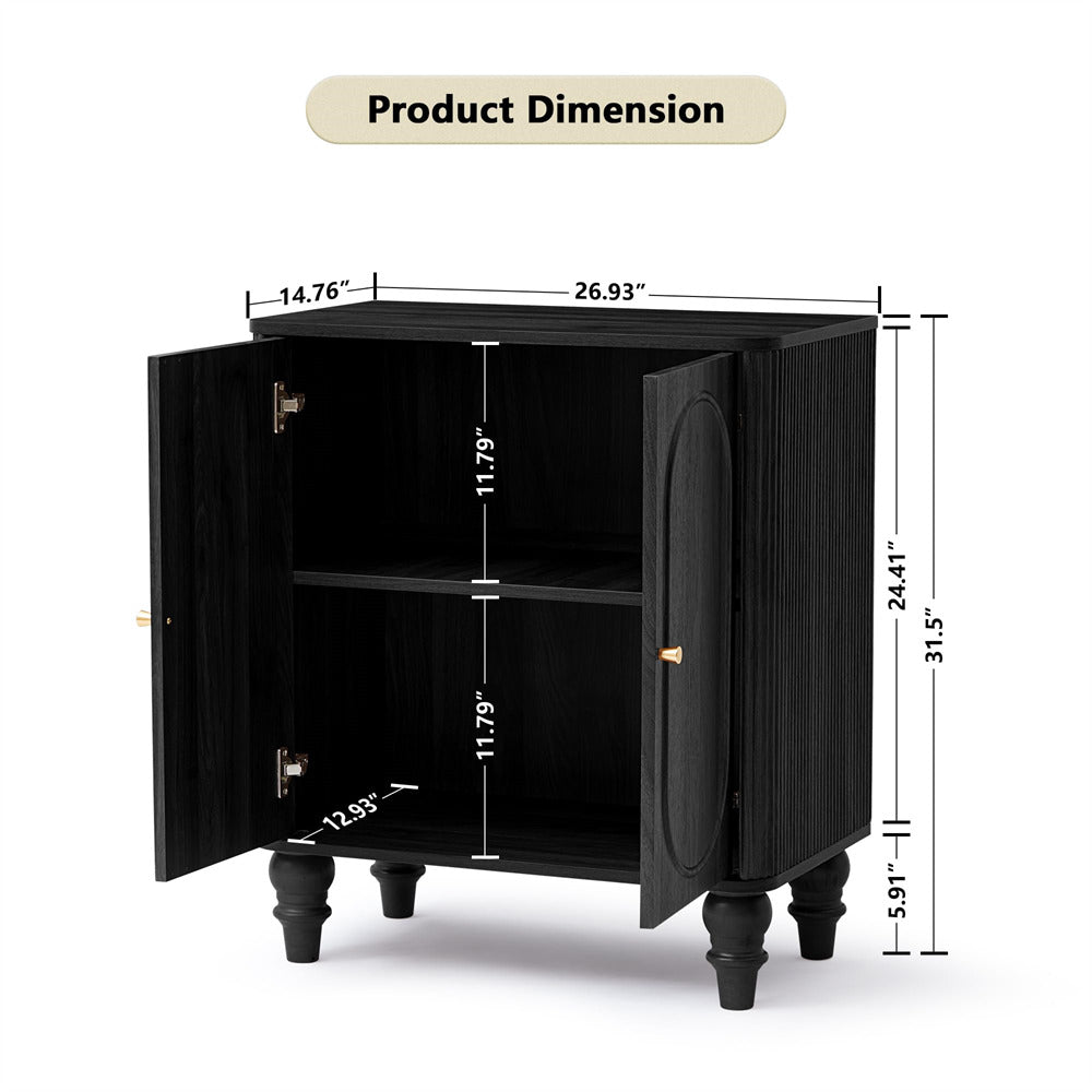 Black Modern Wooden Fluted Storage Cabinet Sideboard Buffet with Adjustable Shelves and Solid Wood Legs