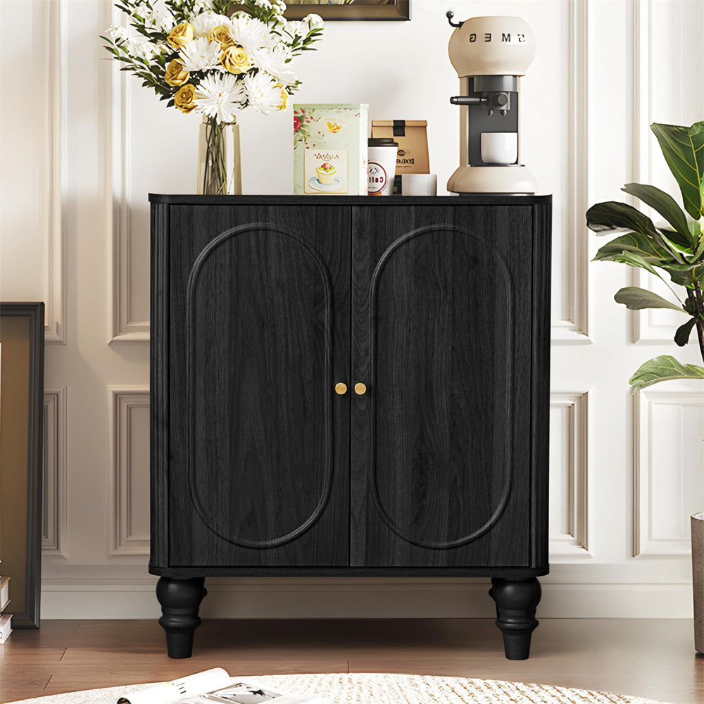 Black Modern Wooden Fluted Storage Cabinet Sideboard Buffet with Adjustable Shelves and Solid Wood Legs