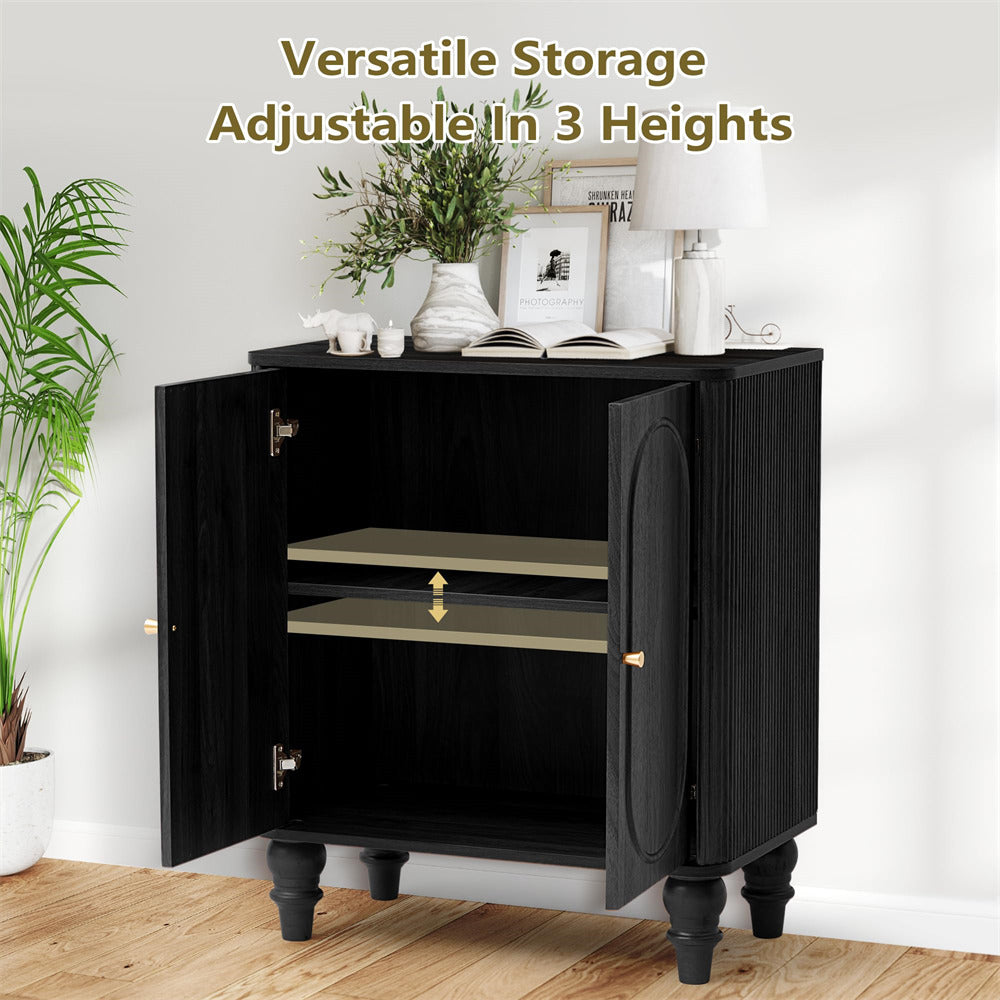 Black Modern Wooden Fluted Storage Cabinet Sideboard Buffet with Adjustable Shelves and Solid Wood Legs