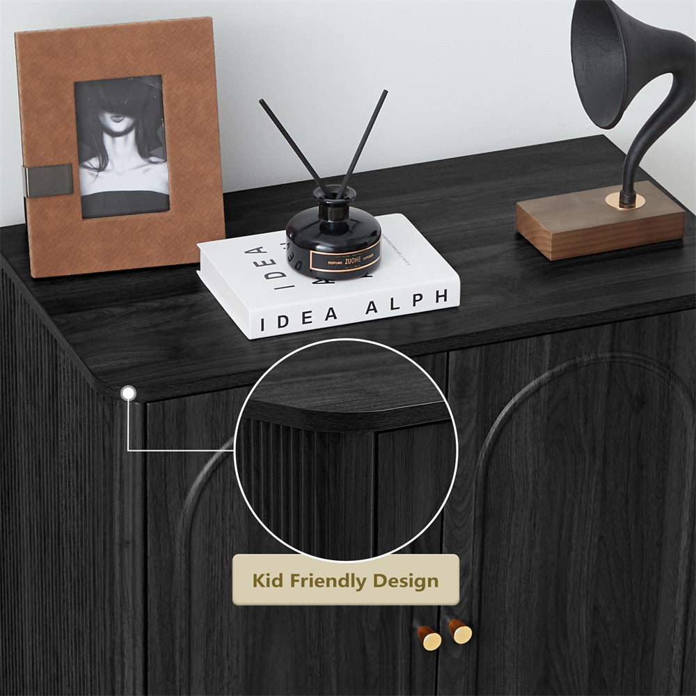 Black Modern Wooden Fluted Storage Cabinet Sideboard Buffet with Adjustable Shelves and Solid Wood Legs