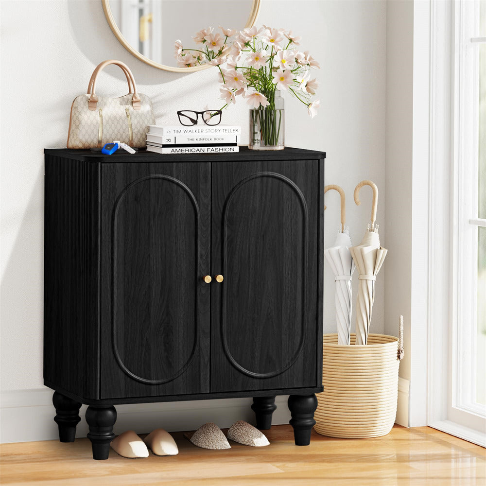 Black Modern Wooden Fluted Storage Cabinet Sideboard Buffet with Adjustable Shelves and Solid Wood Legs