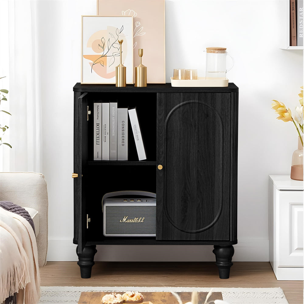 Black Modern Wooden Fluted Storage Cabinet Sideboard Buffet with Adjustable Shelves and Solid Wood Legs