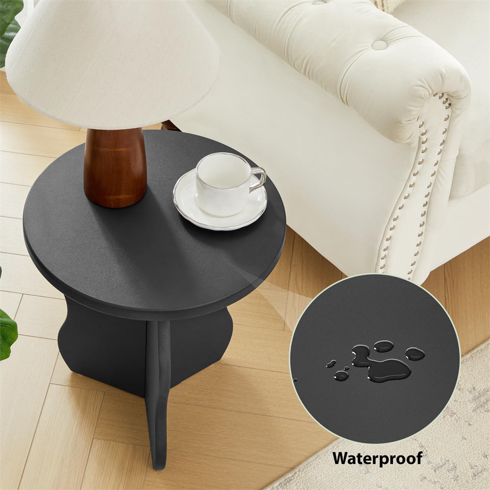 Black round side table with a cup and saucer on a light wood floor, inset showing 'Waterproof' feature.