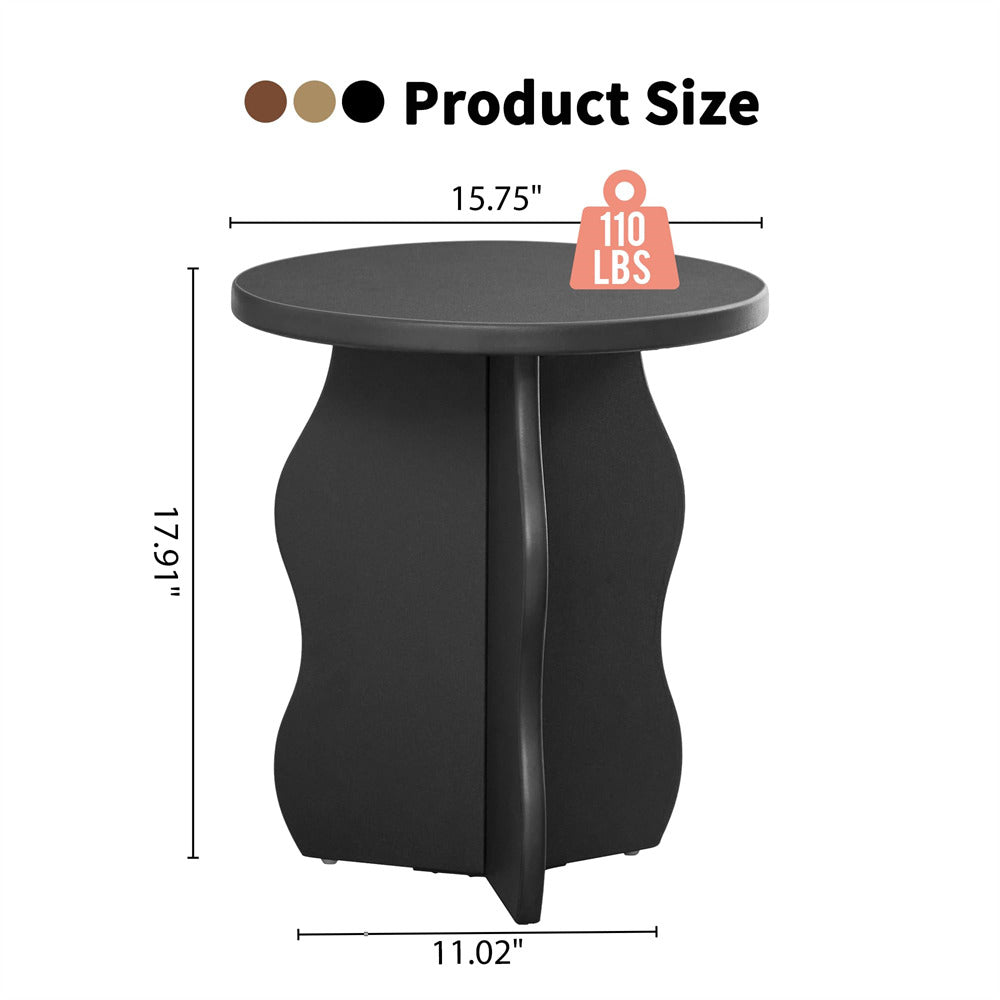 Black side table with measurements and weight capacity on a white background