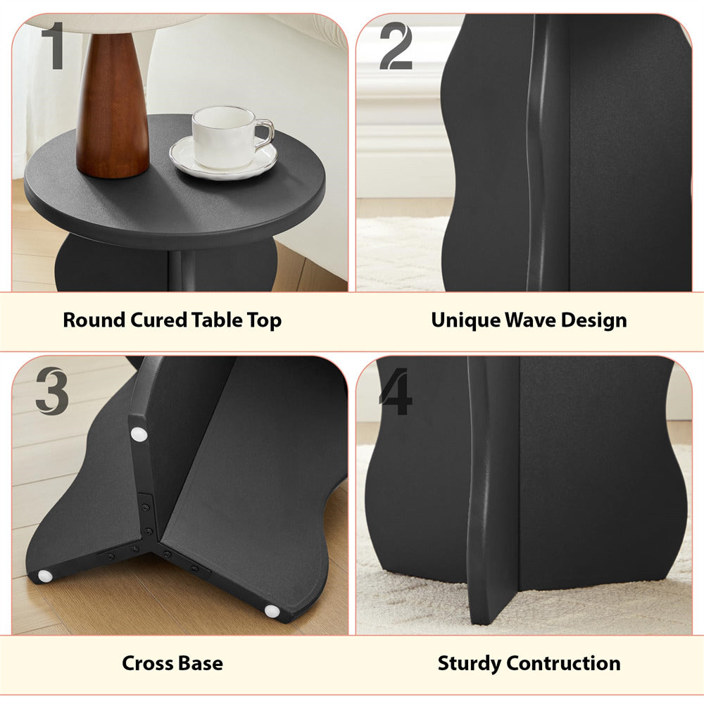 Collage of a black side table with features highlighted.