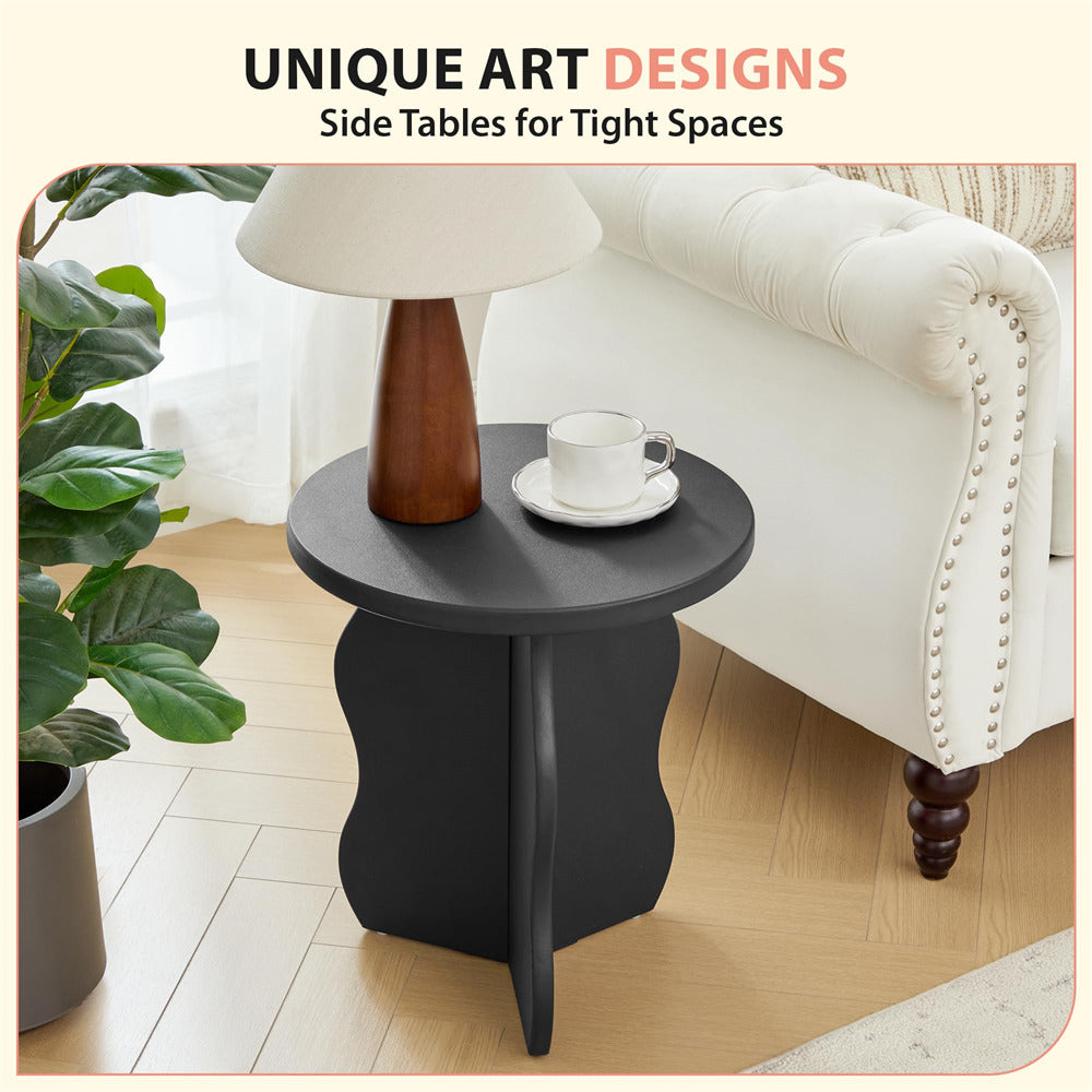 Black side table with a lamp and cup in a living room setting, featuring text 'UNIQUE ART DESIGNS Side Tables for Tight Spaces'.
