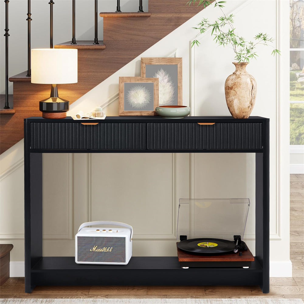 Black Narrow Console Table with 2 Drawers