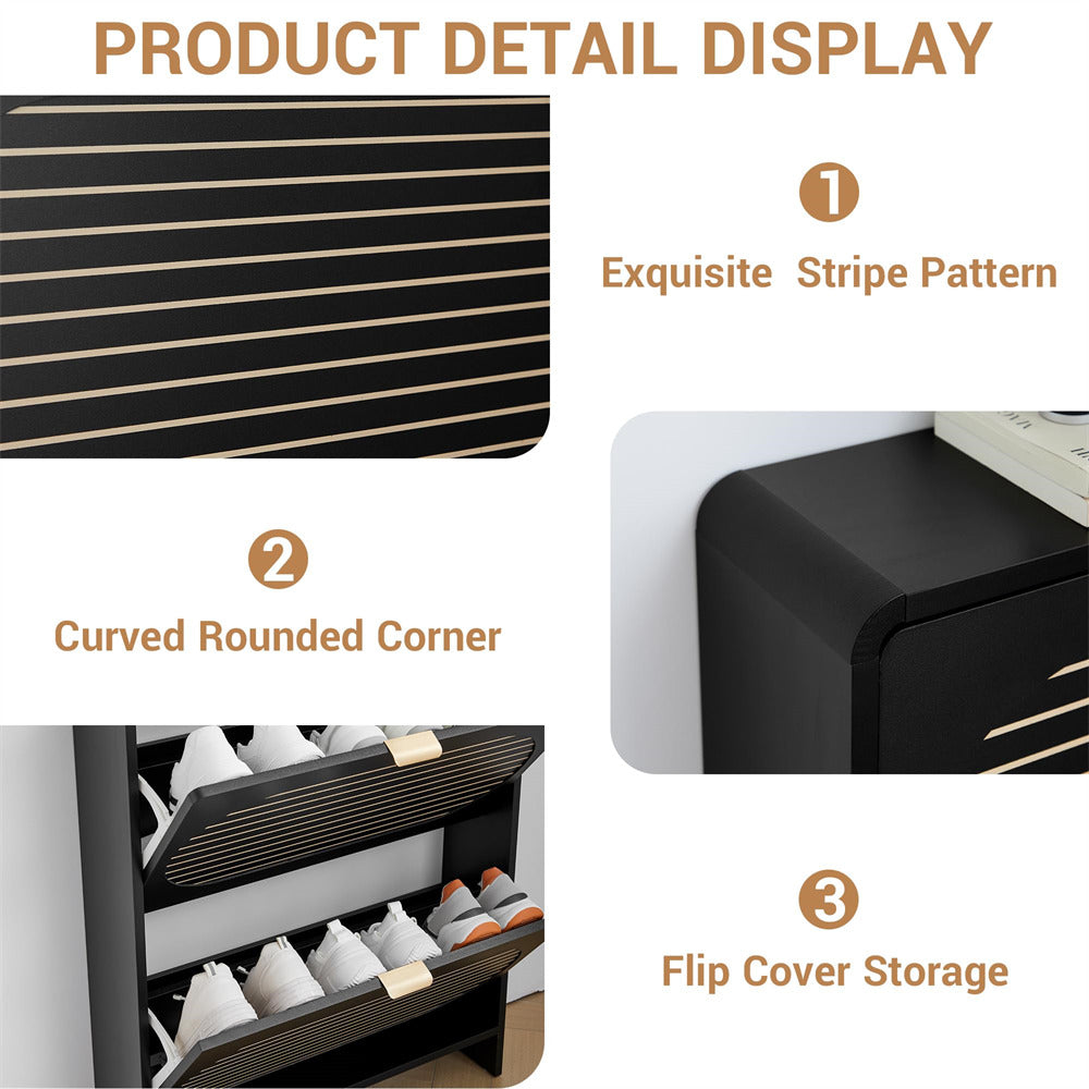 Product detail display with black and gold striped pattern, curved rounded corner, and flip cover storage.
