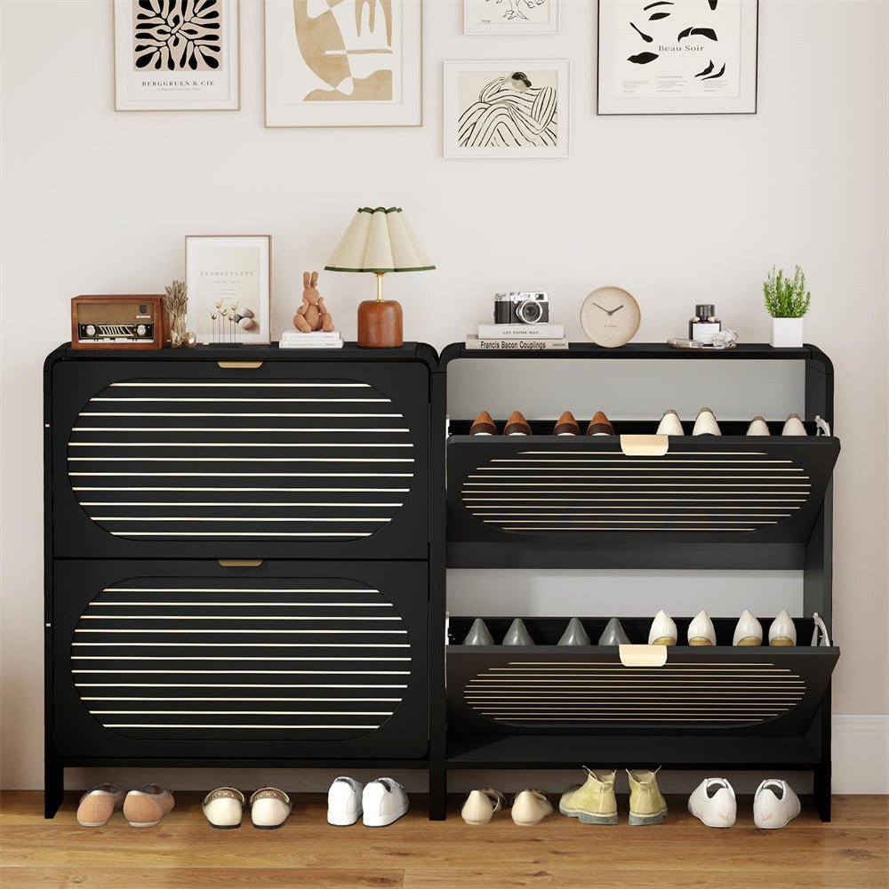Black shoe cabinet with multiple shelves and compartments, displaying various shoes, in a room setting.