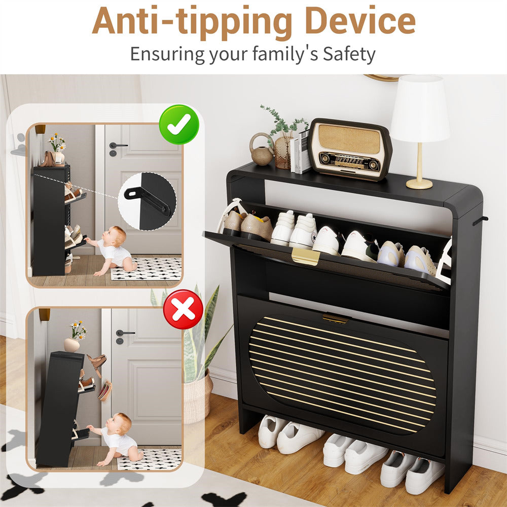 Shoe cabinet with anti-tipping device feature, showing before and after scenarios.