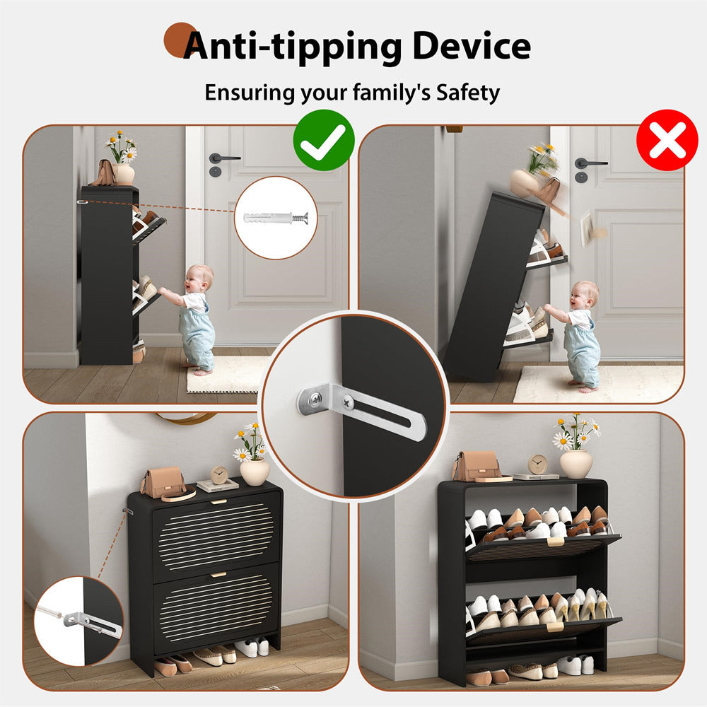 Shoe rack with anti-tipping device feature, showing safety benefits for children and pets.