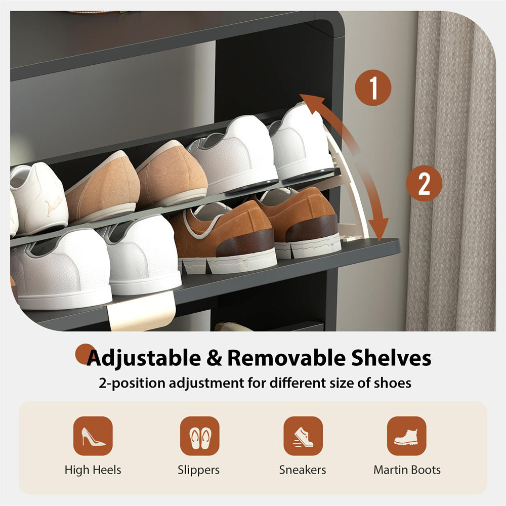 Shoe rack with adjustable shelves holding various shoes, with text indicating adjustability and removable feature.