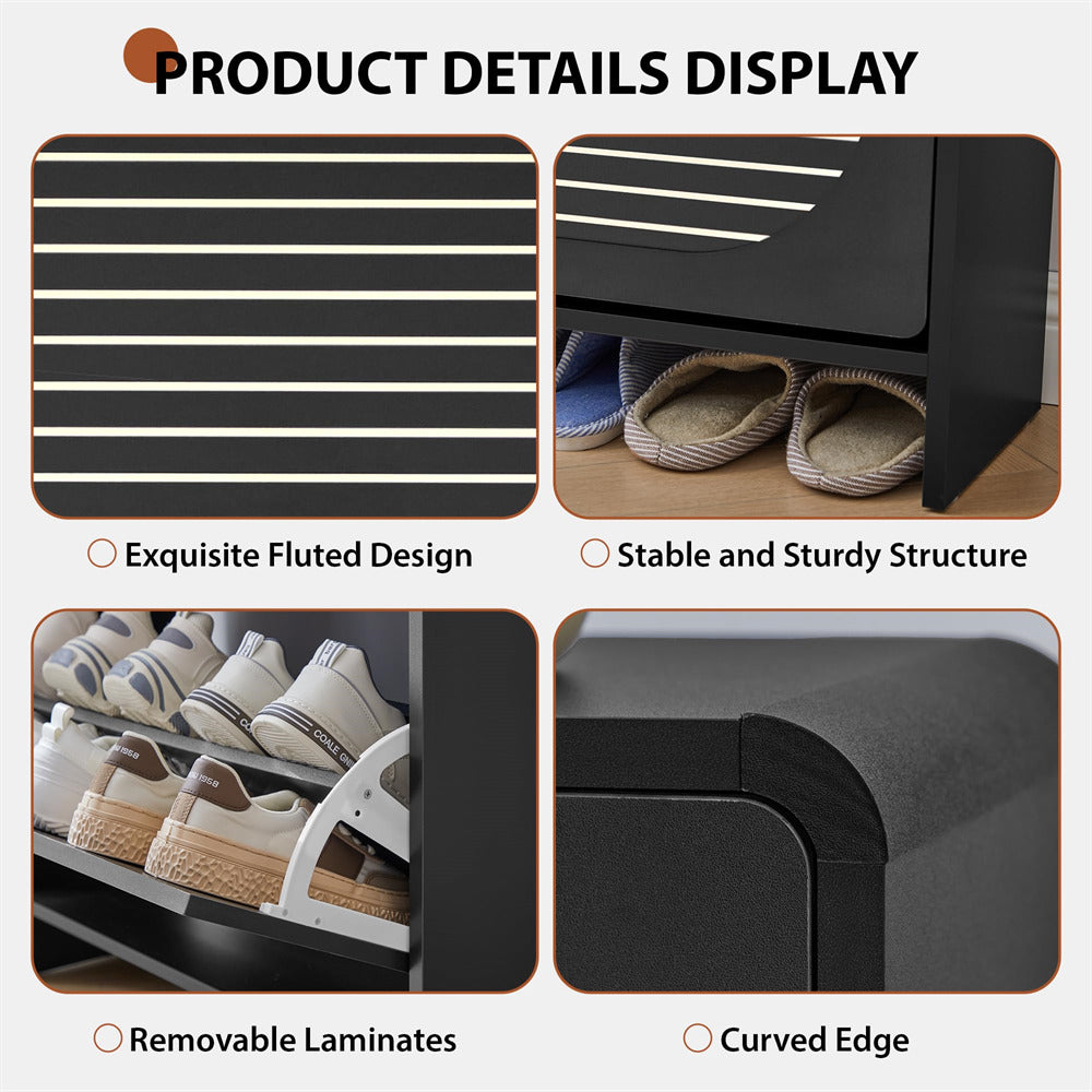 Product details display of a shoe rack with fluted design, stable structure, removable laminates, and curved edge.