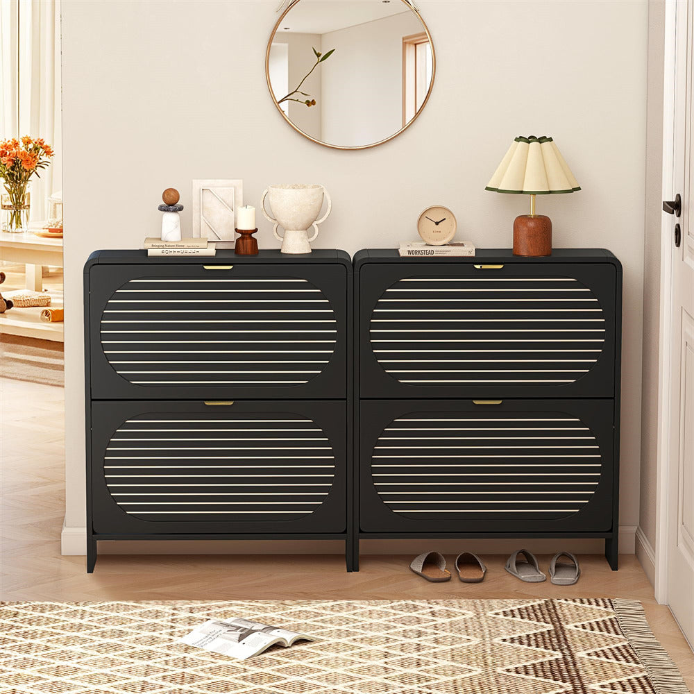 Black striped dresser with decorative items in a room setting