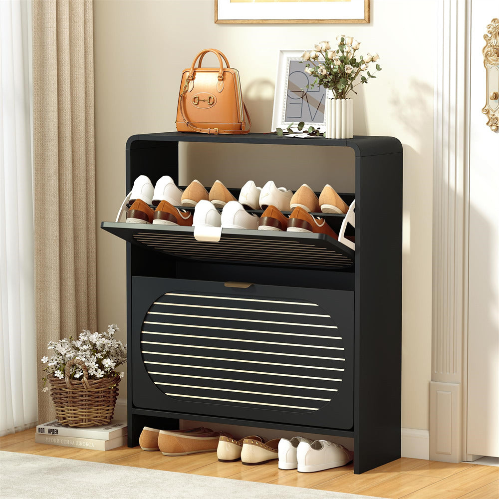 Black shoe rack with shoes on a wooden floor in a room setting.
